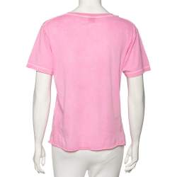 Pre Owned تي شيرت سان لوران قطن وردي بطبعة الشعار بنمط واسع مقاس صغير - سمول