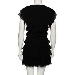 Pre Owned Saint Laurent Black Silk Chiffon Smocked Detail Ruffled Dress M