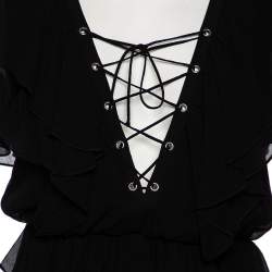 Pre Owned Saint Laurent Black Silk Chiffon Smocked Detail Ruffled Dress M