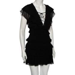 Pre Owned Saint Laurent Black Silk Chiffon Smocked Detail Ruffled Dress M