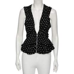 Saint Laurent Black Polka Dotted Silk Georgette Sleeveless Ruffled Top S