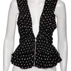 Saint Laurent Black Polka Dotted Silk Georgette Sleeveless Ruffled Top S