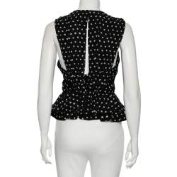 Saint Laurent Black Polka Dotted Silk Georgette Sleeveless Ruffled Top S