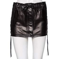 Pre Owned Saint Laurent Black Leather Lace-Up Detail Fringed Mini Skirt S