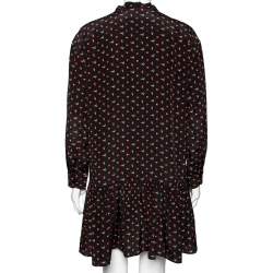 Saint Laurent Black Heart & Fire Printed Silk Neck Tie Detail Mini Dress L