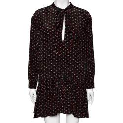Saint Laurent Black Heart & Fire Printed Silk Neck Tie Detail Mini Dress L