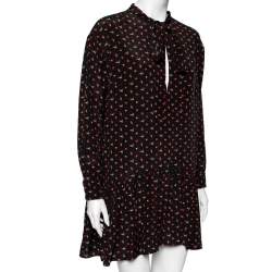 Saint Laurent Black Heart & Fire Printed Silk Neck Tie Detail Mini Dress L