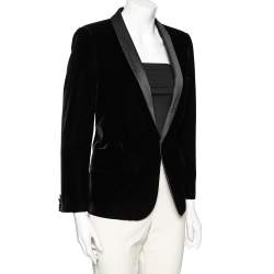 Pre Owned بليزر سان لوران ساتان وقطيفة أسود مزين طية مقاس كبير ( لارج )