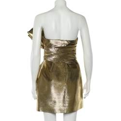 Pre Owned Saint Laurent Gold Lurex Bow Detail Strapless Mini Dress XL