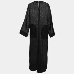Pre Owned Saint Laurent Black Striped Wool Side Slit Maxi Dress XL