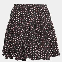 Pre Owned Saint Laurent Black Star Print Silk Ruffled Skirt M