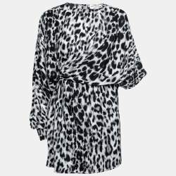 Saint Laurent Grey Leopard Print Silk Asymmetric Mini Dress S