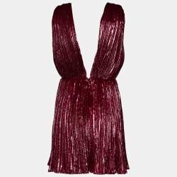 Saint Laurent   Burgundy Lurex Velvet Pleated Mini Dress M
