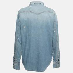 Pre Owned Saint Laurent Paris Light Blue Distressed Denim Pocketed Shirt L