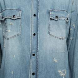 Pre Owned Saint Laurent Paris Light Blue Distressed Denim Pocketed Shirt L