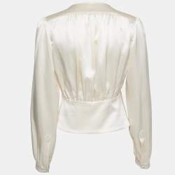 Pre Owned Saint Laurent Paris Cream Silk Shirred Detail Long Sleeve Blouse M