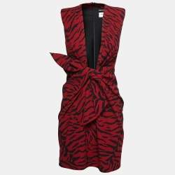 Pre Owned Saint Laurent Red Tiger Striped Crepe Plunge Neck Midi Dress S