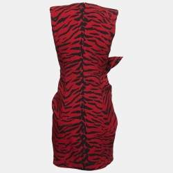 Pre Owned Saint Laurent Red Tiger Striped Crepe Plunge Neck Midi Dress S