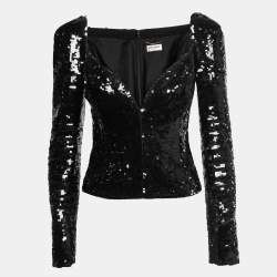 Pre Owned Saint Laurent Black Sequined Plunge Neck Top S