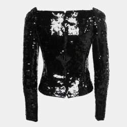 Pre Owned Saint Laurent Black Sequined Plunge Neck Top S