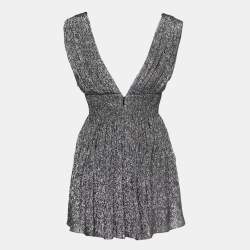 Pre Owned Saint Laurent Metallic Plunge Neck Pleated Mini Dress S