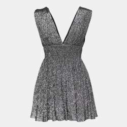 Pre Owned Saint Laurent Metallic Plunge Neck Pleated Mini Dress S