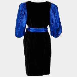 Saint Laurent Rive Gauche Black Velvet & Contrast Detail Midi Dress L