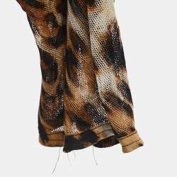 Pre Owned Saint Laurent Black Animal Print Silk Zip Front Neck Tie Detail Full Sleeve Top L