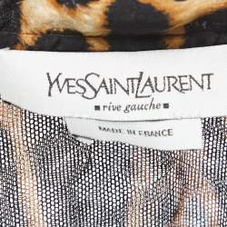 Pre Owned Saint Laurent Black Animal Print Silk Zip Front Neck Tie Detail Full Sleeve Top L