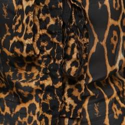 Pre Owned Saint Laurent Black Animal Print Silk Zip Front Neck Tie Detail Full Sleeve Top L