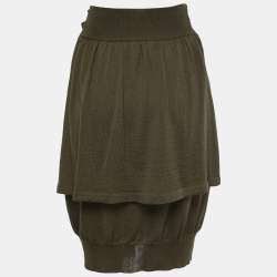 Pre Owned Saint Laurent Green Wool Knit Tiered Knee Length Skirt S