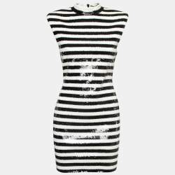 Saint Laurent Black/White Stripe Pattern Sequin Sleeveless Mini Dress M