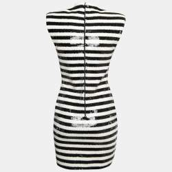 Saint Laurent Black/White Stripe Pattern Sequin Sleeveless Mini Dress M
