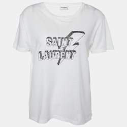 Pre Owned Saint Laurent White Logo Printed Cotton Knit T-Shirt XS