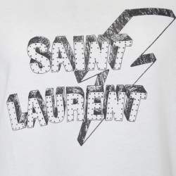 Pre Owned Saint Laurent White Logo Printed Cotton Knit T-Shirt XS