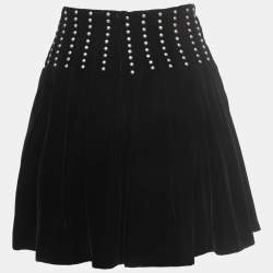 Pre Owned Saint Laurent Paris Black Studded Velvet Pleated Mini Skirt L