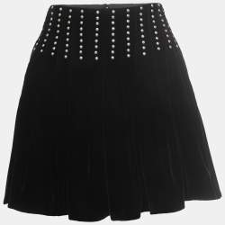 Pre Owned Saint Laurent Paris Black Studded Velvet Pleated Mini Skirt L