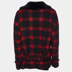 Saint Laurent Red & Black Wool Blend & Shearling Collar Double Breasted Blazer S