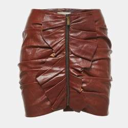 Pre Owned Saint Laurent Brown Ruched Leather Mini Skirt S