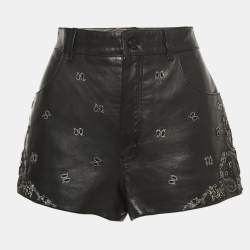 Pre Owned Saint Laurent Black Leather Embroidered Mini Shorts M