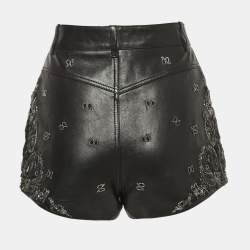 Pre Owned Saint Laurent Black Leather Embroidered Mini Shorts M