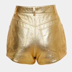 Pre Owned Saint Laurent Metallic Gold Leather Mini Shorts M