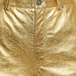 Pre Owned Saint Laurent Metallic Gold Leather Mini Shorts M