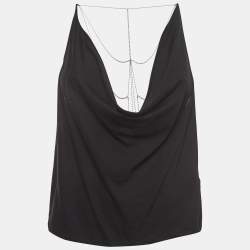 Pre Owned Saint Laurent Black Cotton Cowl Neck Back Chain Detailed Top S