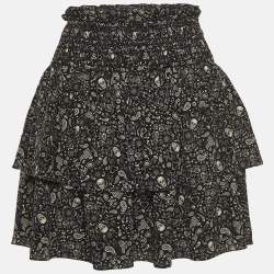 Saint Laurent Black Skull Print Silk Shirred Mini Skirt M