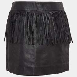 Pre Owned Saint Laurent Black Leather Fringe Detail Mini Skirt M
