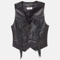 Pre Owned Saint Laurent Black Leather Fringe Detail Vest M
