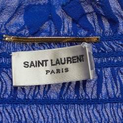 Saint Laurent Blue Smocked Silk Off-Shoulder Flared Sleeve Blouse M