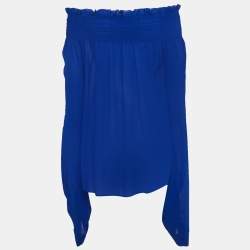 Saint Laurent Blue Smocked Silk Off-Shoulder Flared Sleeve Blouse M
