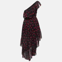 Saint Laurent Black Cherry Print Silk One-Shoulder Asymmetric Midi Dress M